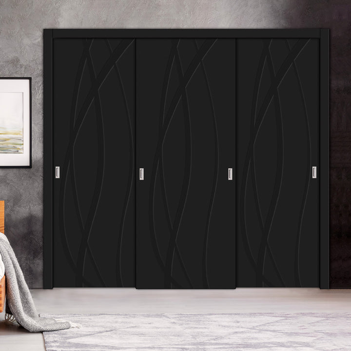 3 Leaf Bypass Sliding Closet Door with Modern Engraved Design & Hardware Kit 3SCD- 0143 - DoorDiscounter