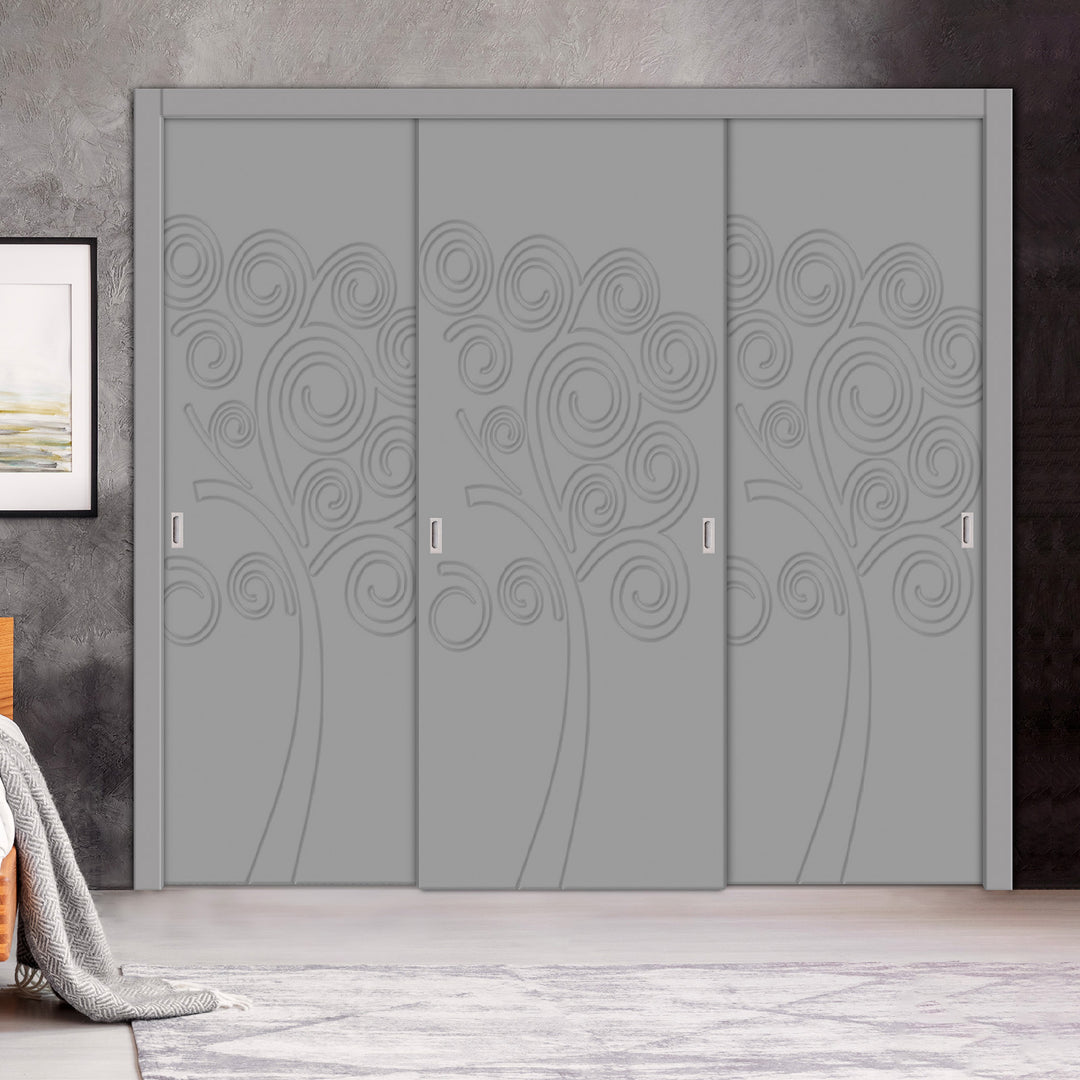 3 Leaf Bypass Sliding Closet Door with Modern Engraved Design & Hardware Kit 3SCD- 0144 - DoorDiscounter