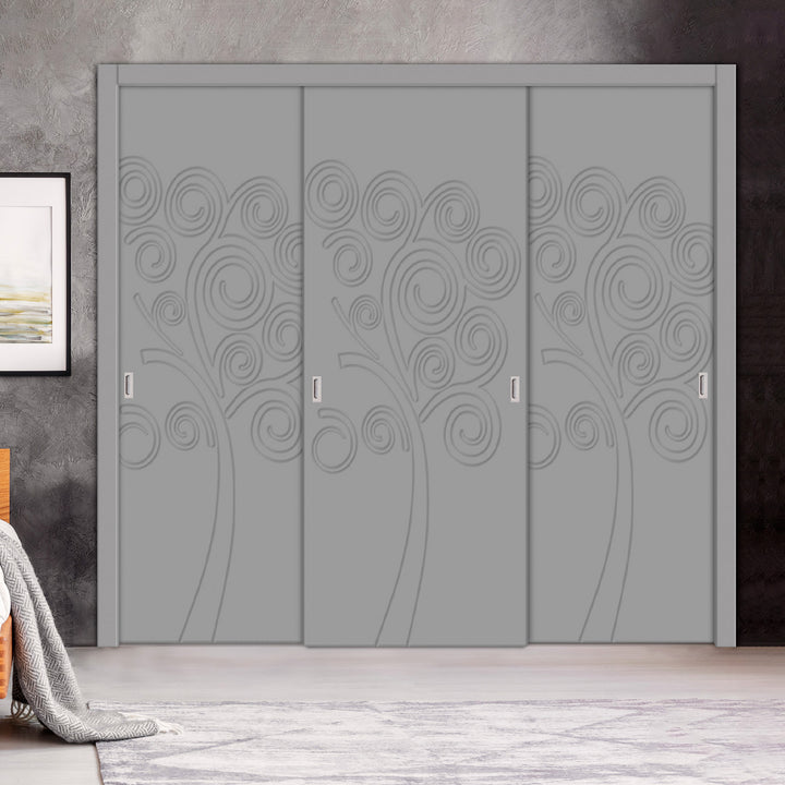 3 Leaf Bypass Sliding Closet Door with Modern Engraved Design & Hardware Kit 3SCD- 0144 - DoorDiscounter