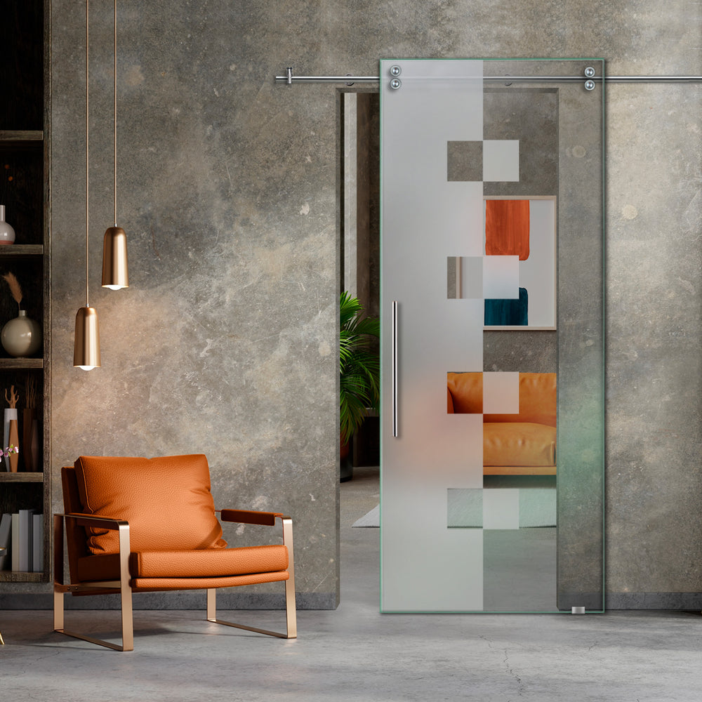 SLIDING GLASS BARN DOOR WITH FROSTED DESIGNS V2000 SGF1 - 0664 - DoorDiscounter
