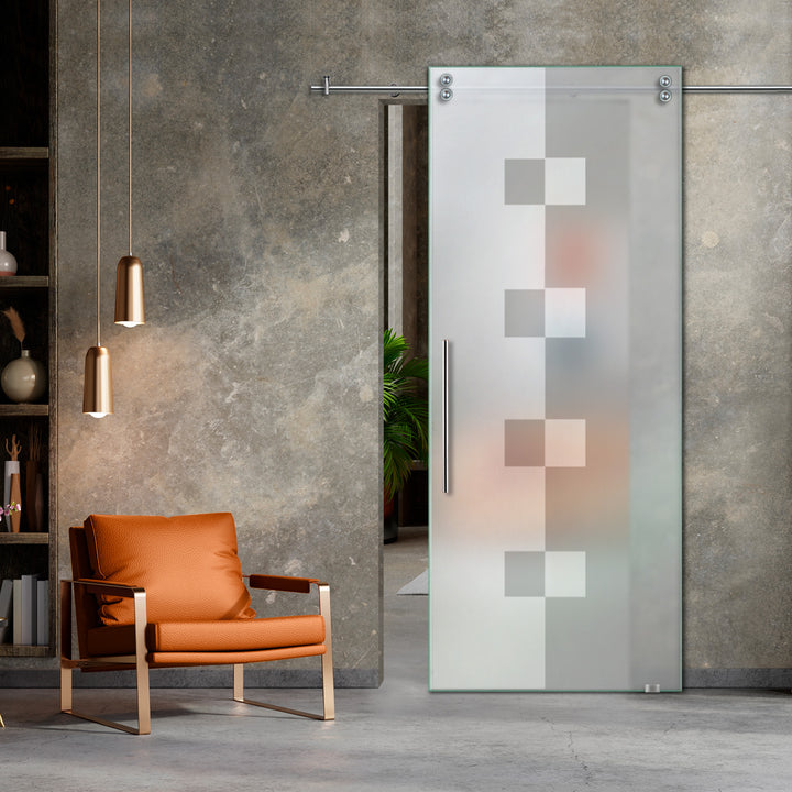 SLIDING GLASS BARN DOOR WITH FROSTED DESIGNS V2000 SGF1 - 0664 - DoorDiscounter