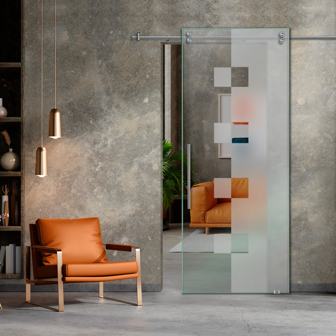 SLIDING GLASS BARN DOOR WITH FROSTED DESIGNS V2000 SGF1 - 0664 - DoorDiscounter