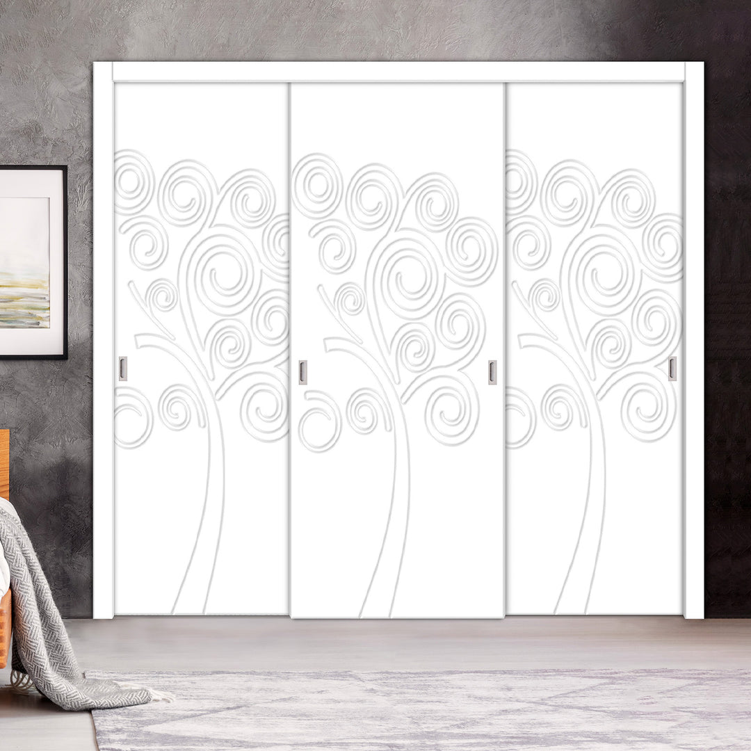 3 Leaf Bypass Sliding Closet Door with Modern Engraved Design & Hardware Kit 3SCD- 0144 - DoorDiscounter
