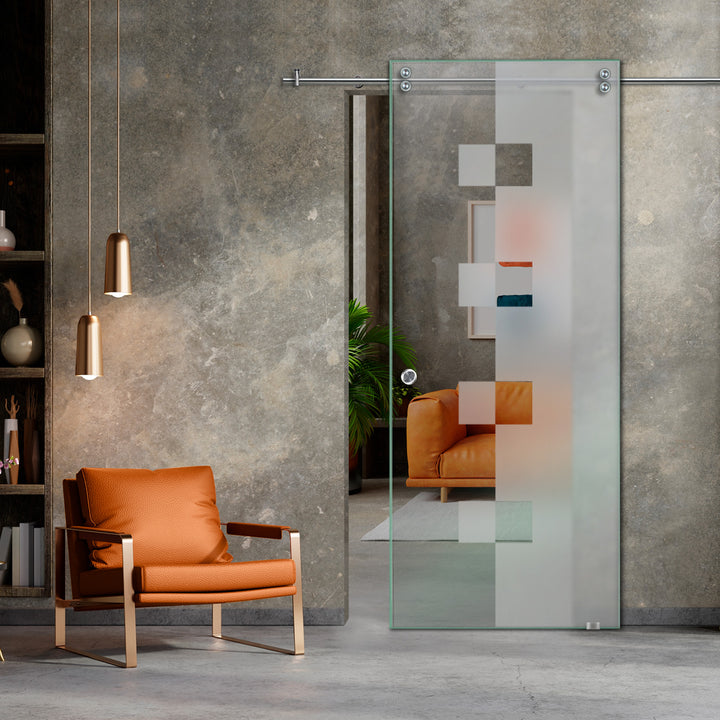 SLIDING GLASS BARN DOOR WITH FROSTED DESIGNS V2000 SGF1 - 0664 - DoorDiscounter