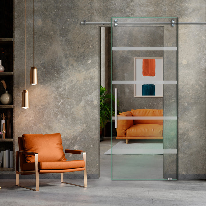 SLIDING GLASS BARN DOOR WITH FROSTED DESIGNS V2000 SGF1 - 0628 - DoorDiscounter