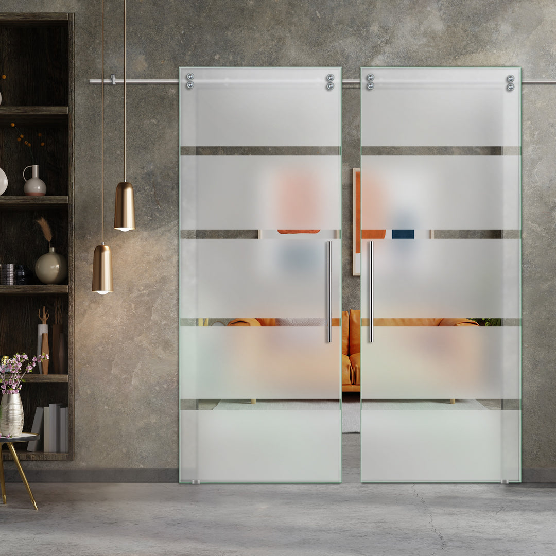 Double Sliding Glass Barn Door With Frosted Designs V2000 Sgf2 - 0838 - DoorDiscounter