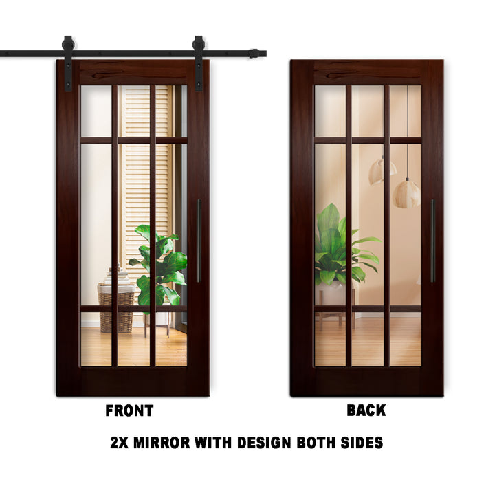 9 LITE SOLID WOOD SLIDING BARN DOOR WITH MIRROR PANEL SWSD - 1197 - DoorDiscounter