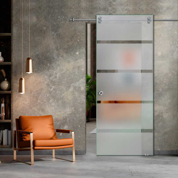 SLIDING GLASS BARN DOOR WITH FROSTED DESIGNS V2000 SGF1 - 0628 - DoorDiscounter