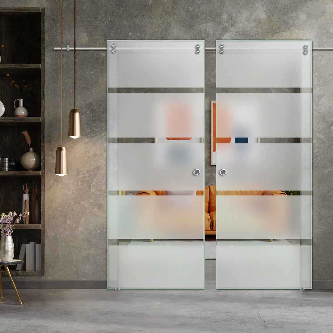 Double Sliding Glass Barn Door With Frosted Designs V2000 Sgf2 - 0838 - DoorDiscounter