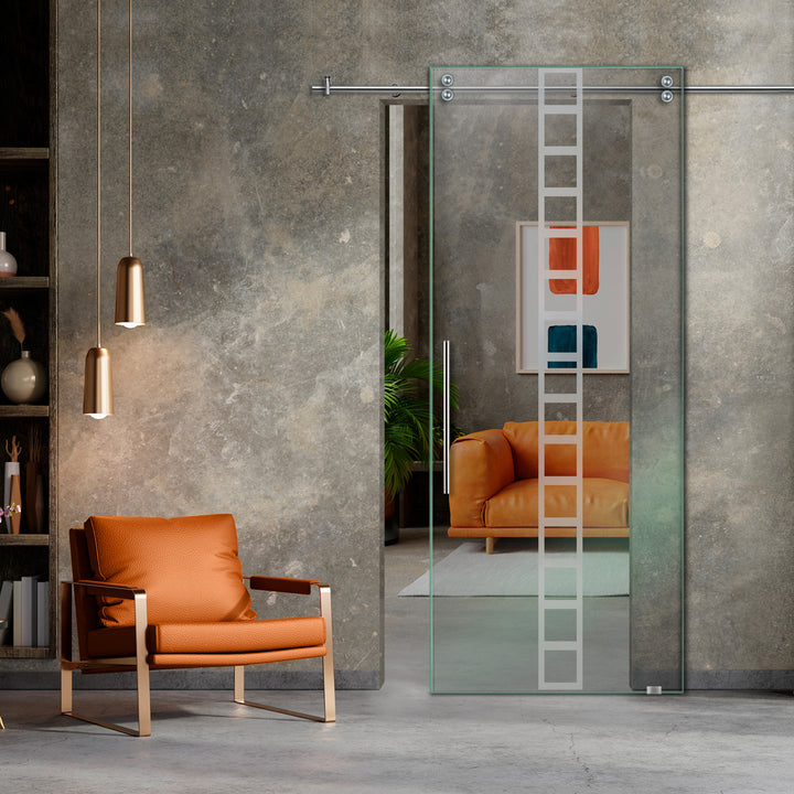 SLIDING GLASS BARN DOOR WITH FROSTED DESIGNS V2000 SGF1 - 0666 - DoorDiscounter