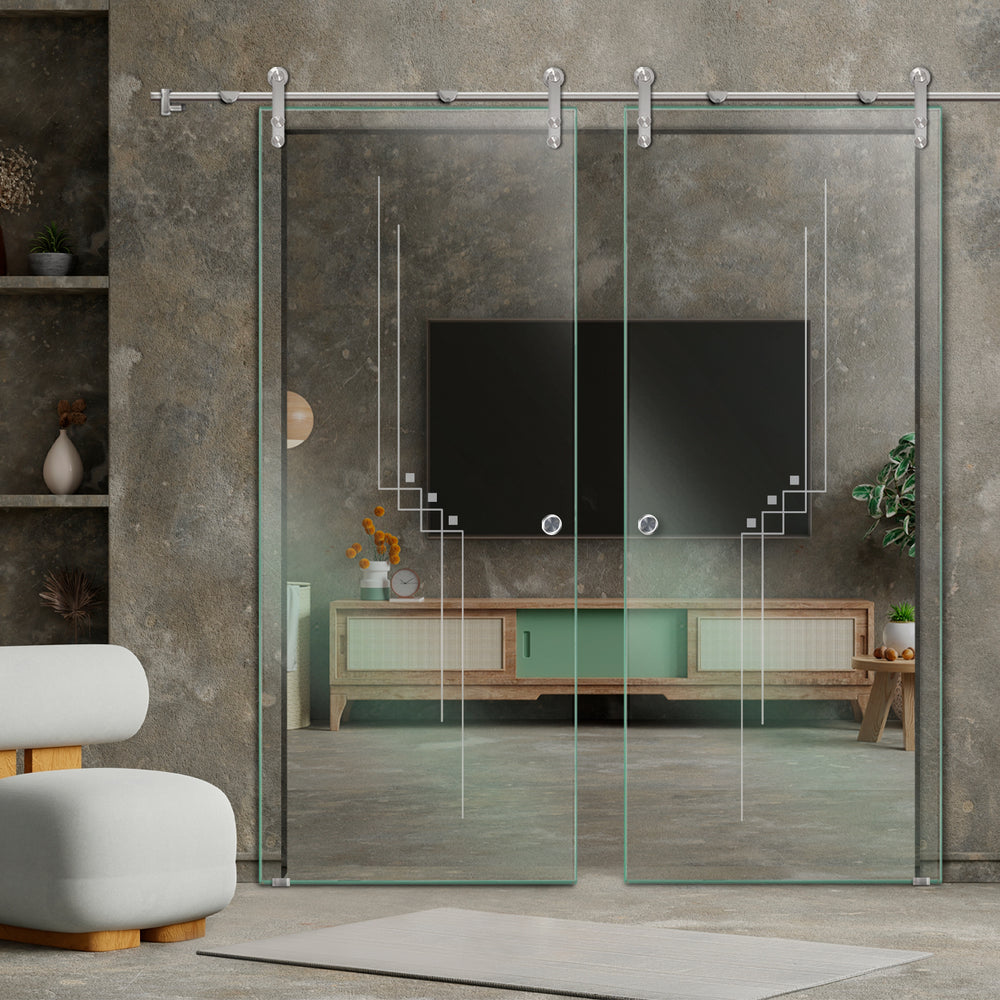 DOUBLE GLASS SLIDING BARN DOOR WITH DESIGN V1000 DSBD - 1721 - DoorDiscounter