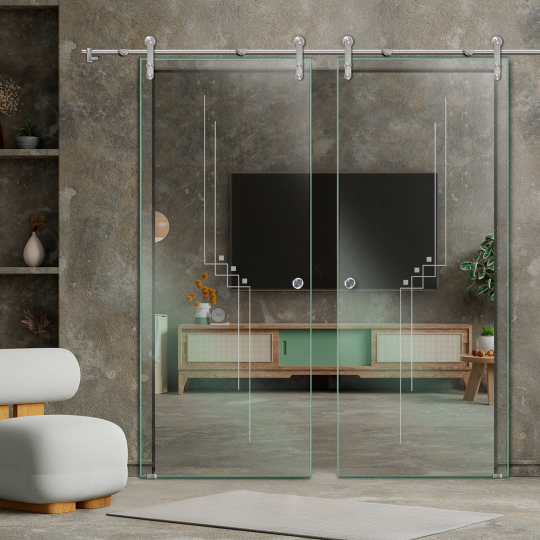DOUBLE GLASS SLIDING BARN DOOR WITH DESIGN V1000 DSBD - 1721 - DoorDiscounter