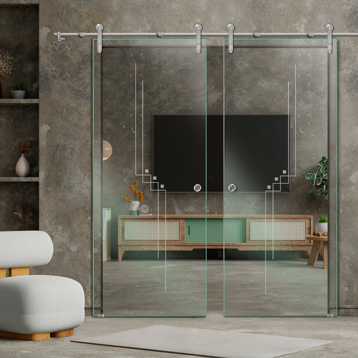 DOUBLE GLASS SLIDING BARN DOOR WITH DESIGN V1000 DSBD - 1721 - DoorDiscounter