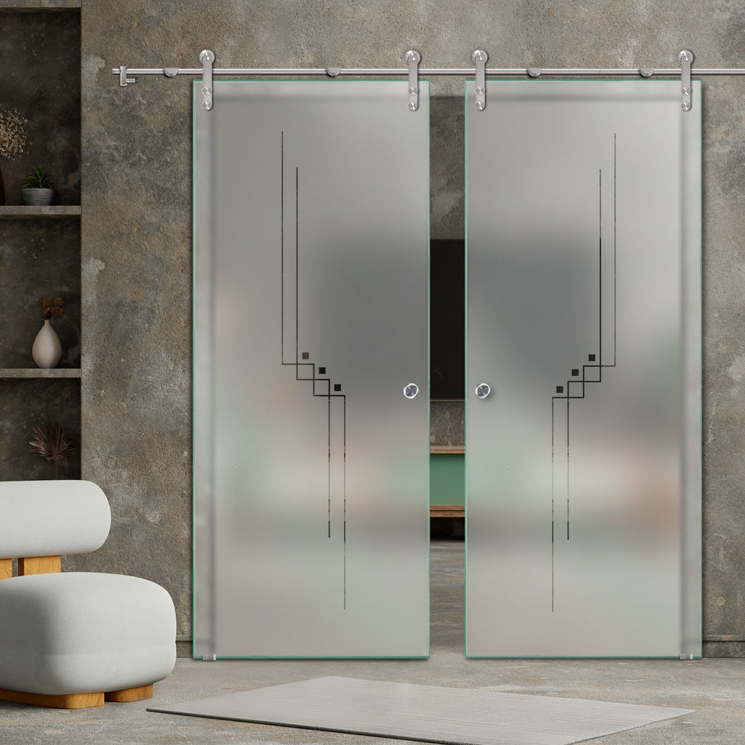 DOUBLE GLASS SLIDING BARN DOOR WITH DESIGN V1000 DSBD - 1721 - DoorDiscounter