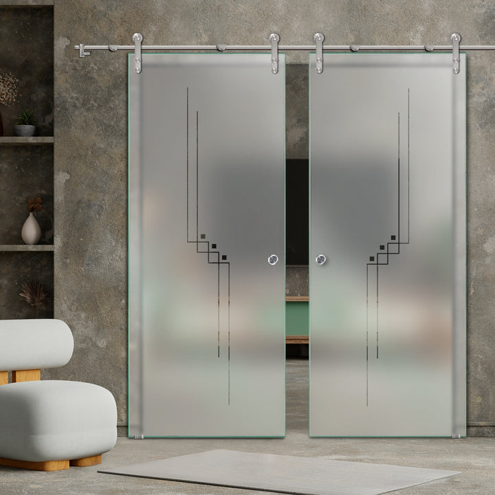 DOUBLE GLASS SLIDING BARN DOOR WITH DESIGN V1000 DSBD - 1721 - DoorDiscounter