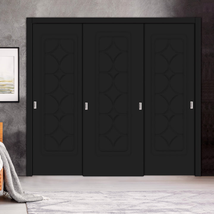 3 Leaf Bypass Sliding Closet Door with Modern Engraved Design & Hardware Kit 3SCD- 1565 - DoorDiscounter