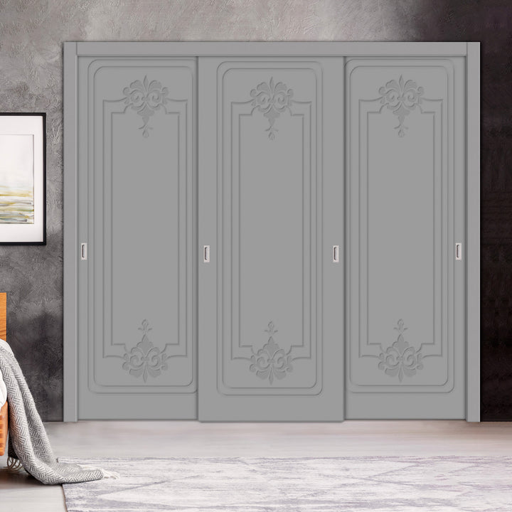 3 Leaf Bypass Sliding Closet Door with Modern Engraved Design & Hardware Kit 3SCD- 0077 - DoorDiscounter