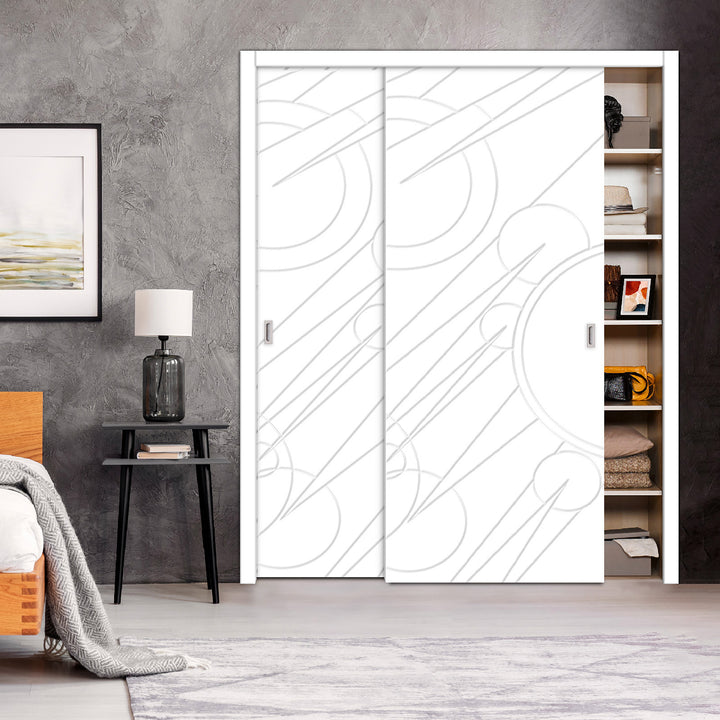 2 Leaf Bypass Sliding Closet Door with Modern Engraved Design & Hardware Kit 2SCD -0043 - DoorDiscounter