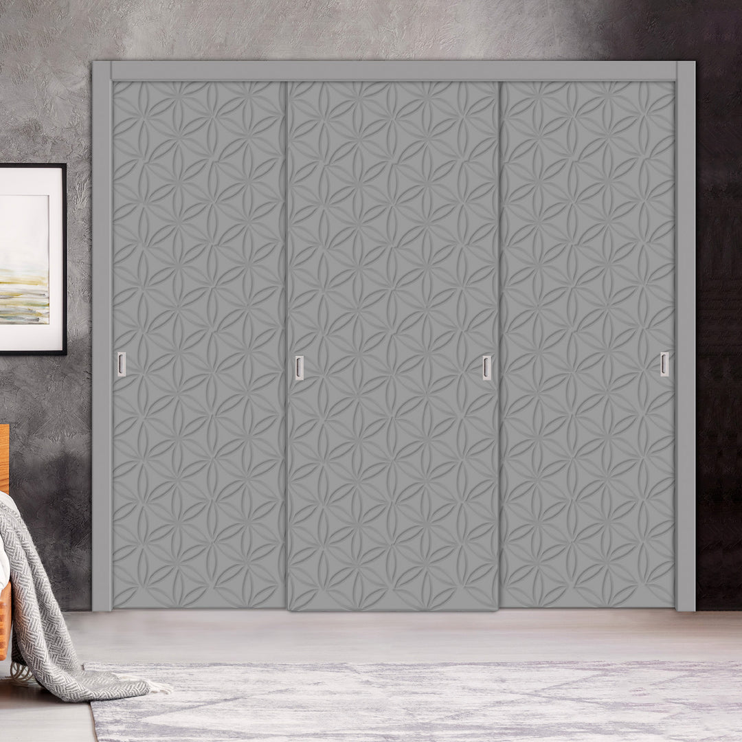 3 Leaf Bypass Sliding Closet Door with Modern Engraved Design & Hardware Kit 3SCD- 0079 - DoorDiscounter
