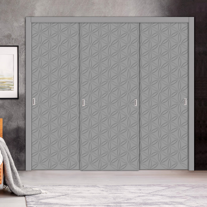 3 Leaf Bypass Sliding Closet Door with Modern Engraved Design & Hardware Kit 3SCD- 0079 - DoorDiscounter