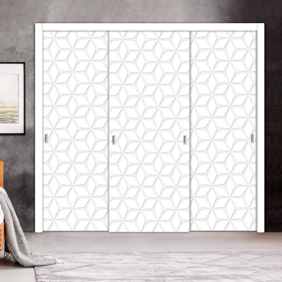3 Leaf Bypass Sliding Closet Door with Modern Engraved Design & Hardware Kit 3SCD- 0080 - DoorDiscounter