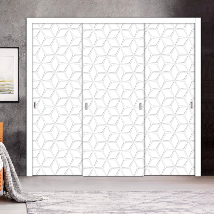3 Leaf Bypass Sliding Closet Door with Modern Engraved Design & Hardware Kit 3SCD- 0080 - DoorDiscounter