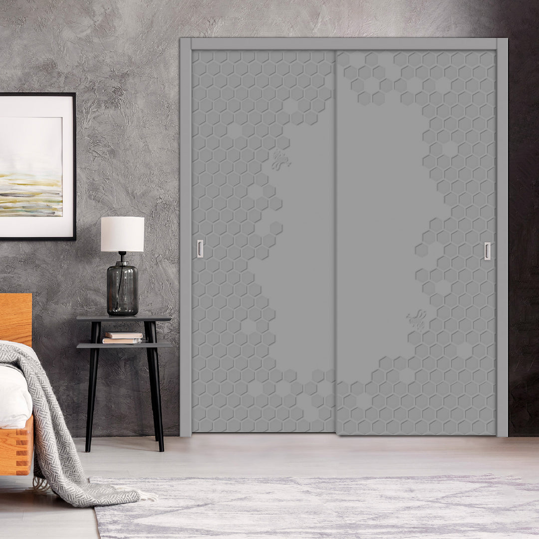 2 Leaf Bypass Sliding Closet Door with Modern Engraved Design & Hardware Kit 2SCD -0066 - DoorDiscounter