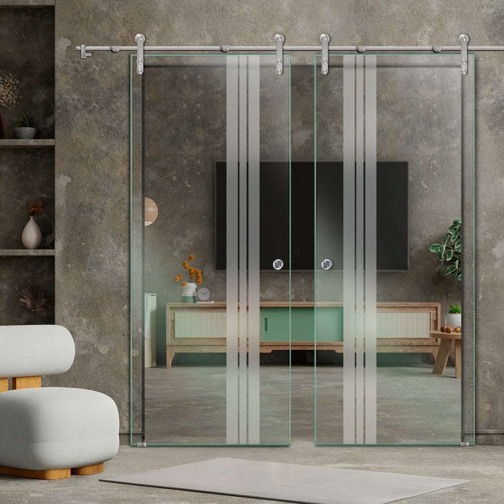 DOUBLE GLASS SLIDING BARN DOOR WITH DESIGN V1000 DSBD - 1646 - DoorDiscounter