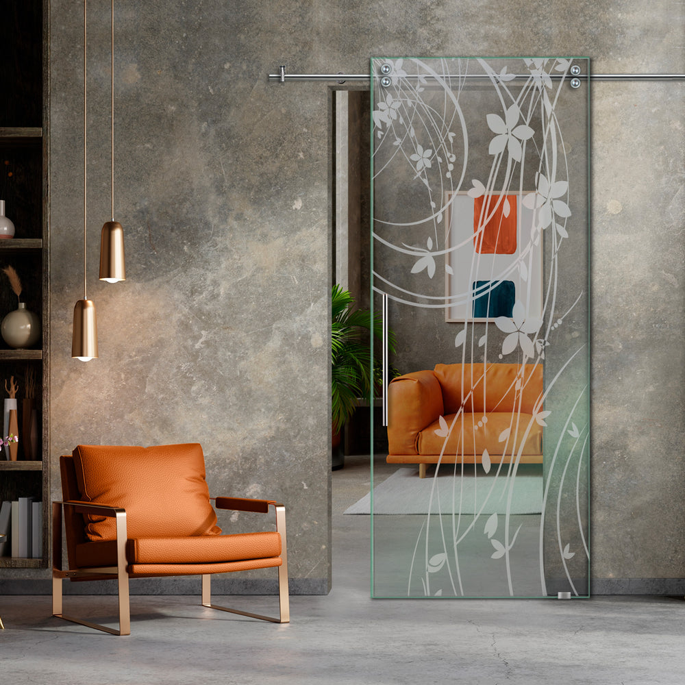 SLIDING GLASS BARN DOOR WITH FROSTED DESIGNS V2000 SGF1 - 0674 - DoorDiscounter