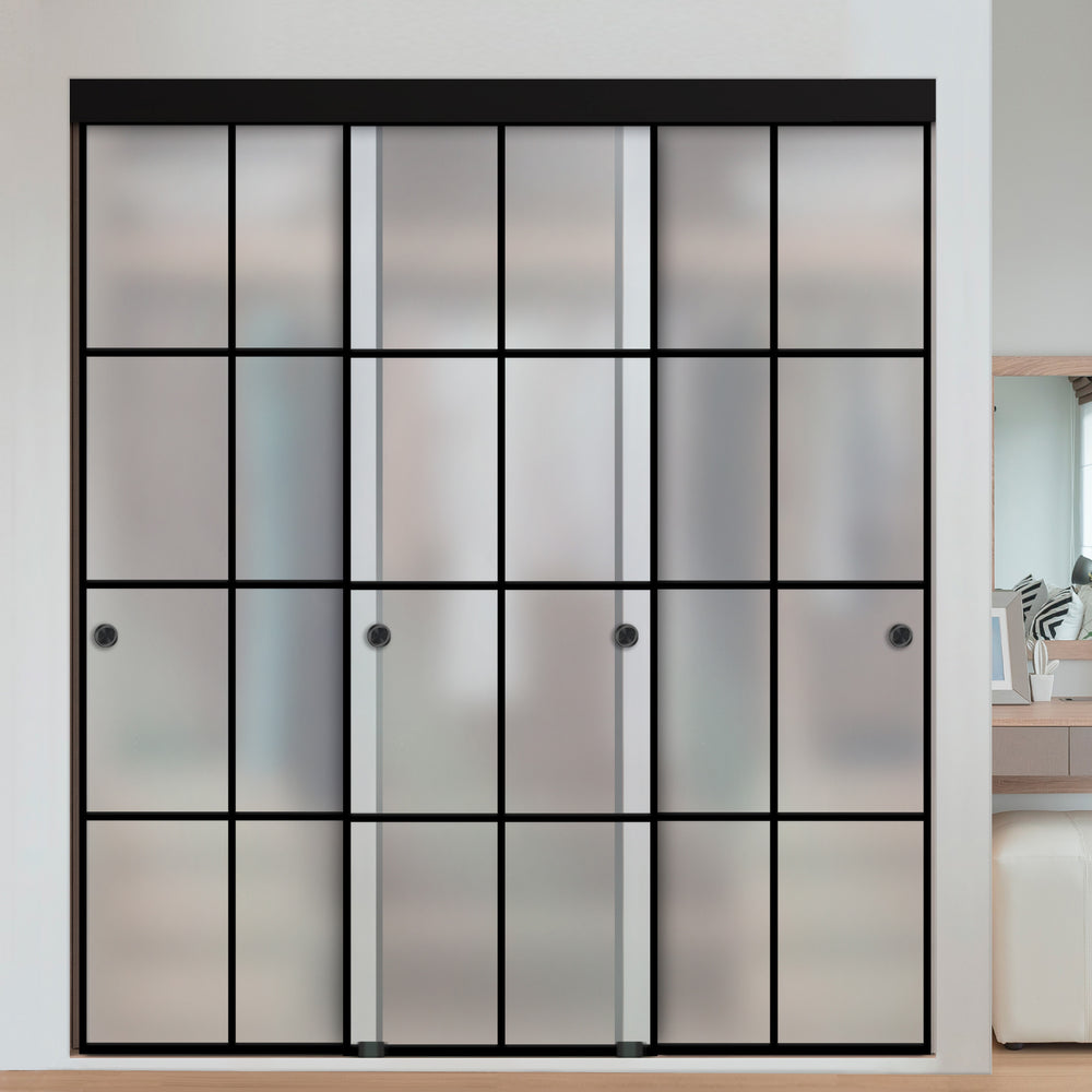 3 PANEL INDUSTRIAL STYLE FRAMELESS CLOSET SLIDING GLASS DOORS IFG3 - 3275 - DoorDiscounter
