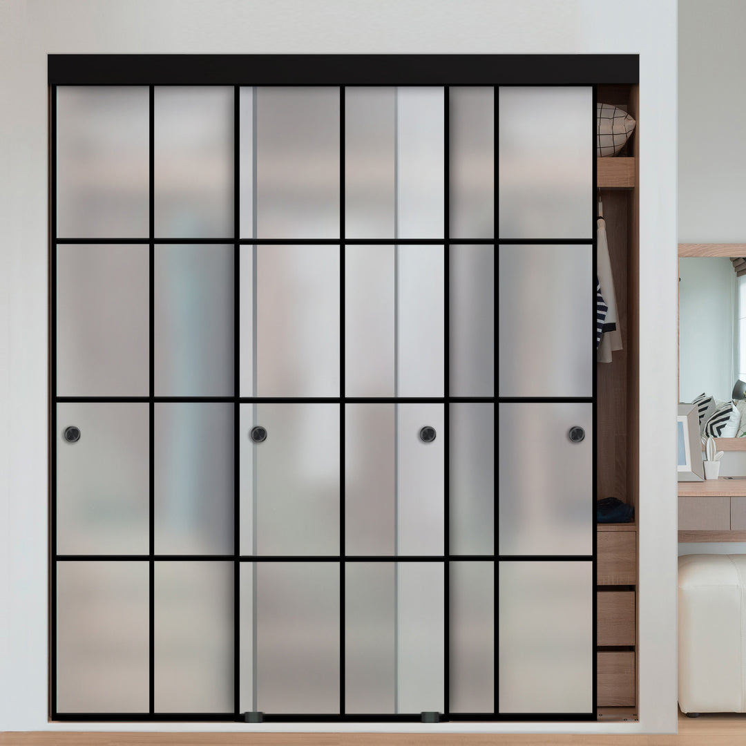 3 PANEL INDUSTRIAL STYLE FRAMELESS CLOSET SLIDING GLASS DOORS IFG3 - 3275 - DoorDiscounter