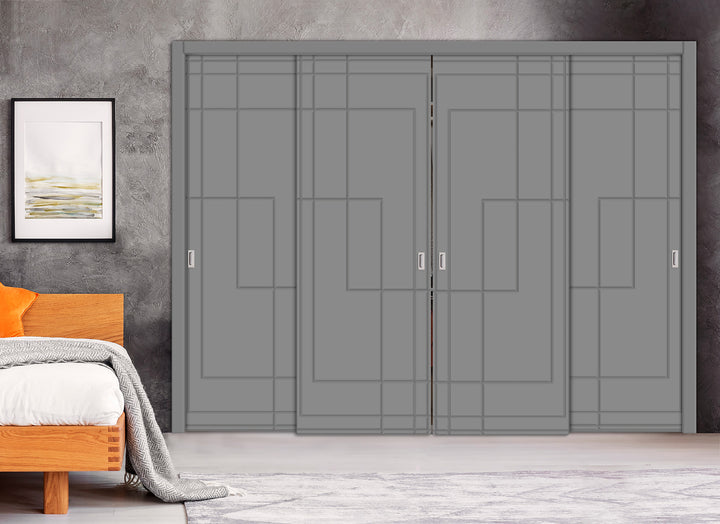 4 Leaf Bypass Sliding Closet Door with Modern Engraved Design & Hardware Kit 4SCD- 0209 - DoorDiscounter