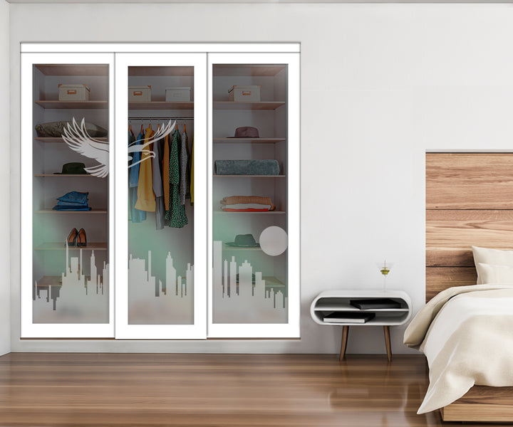 White Bypass Closet Door with Sandblasted Design Tempered Glass Panel Plg3 - 3874 - DoorDiscounter