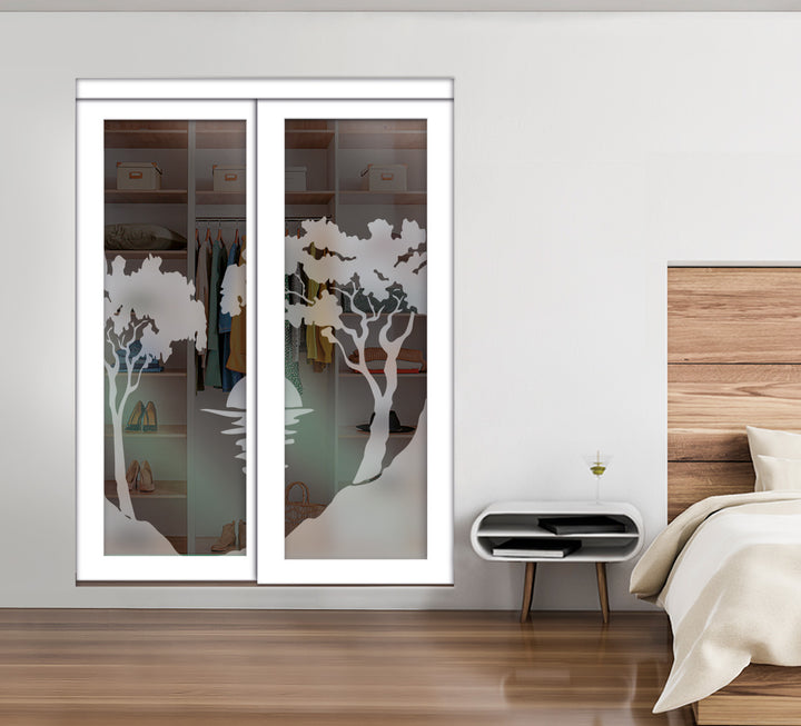 White Bypass Closet Door with Sandblasted Design Tempered Glass Panel Plg2 - 3866 - DoorDiscounter