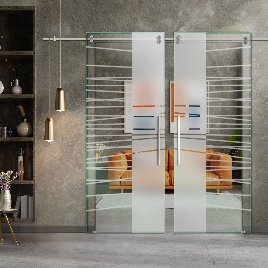 Double Sliding Glass Barn Door With Frosted Designs V2000 Sgf2 - 0837 - DoorDiscounter