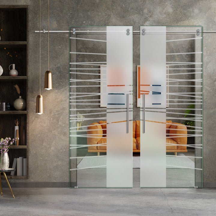 Double Sliding Glass Barn Door With Frosted Designs V2000 Sgf2 - 0837 - DoorDiscounter