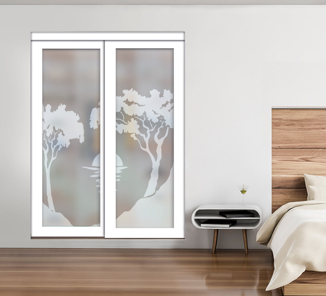 White Bypass Closet Door with Sandblasted Design Tempered Glass Panel Plg2 - 3866 - DoorDiscounter