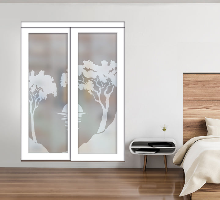 White Bypass Closet Door with Sandblasted Design Tempered Glass Panel Plg2 - 3866 - DoorDiscounter