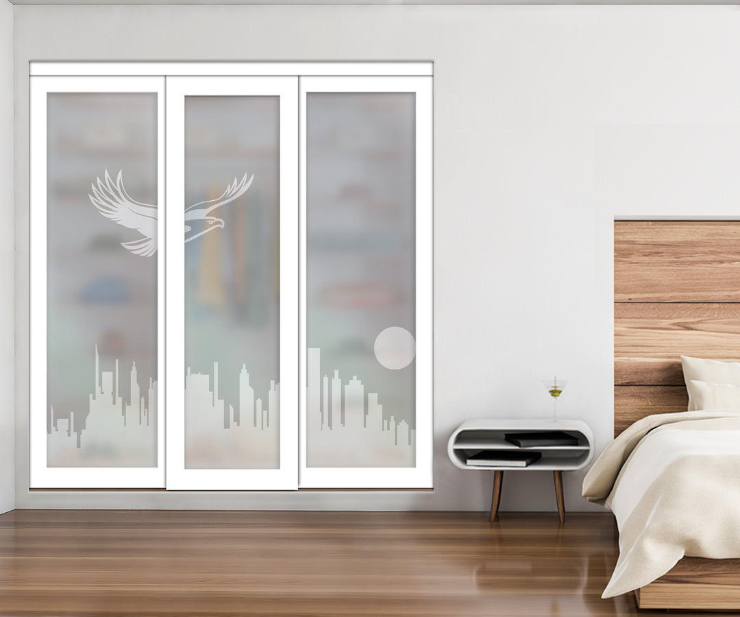 White Bypass Closet Door with Sandblasted Design Tempered Glass Panel Plg3 - 3874 - DoorDiscounter