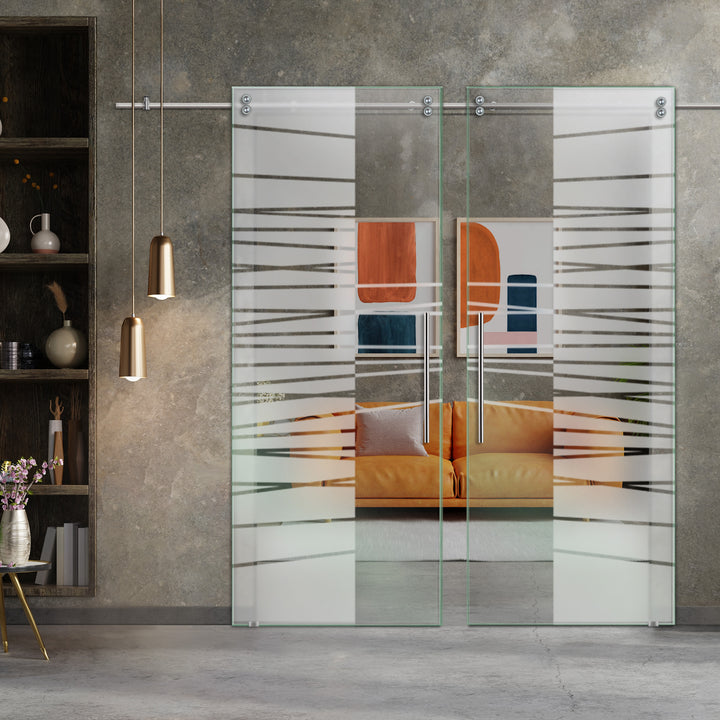 Double Sliding Glass Barn Door With Frosted Designs V2000 Sgf2 - 0837 - DoorDiscounter