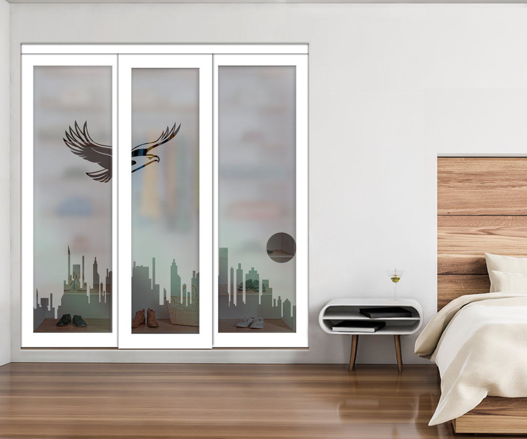 White Bypass Closet Door with Sandblasted Design Tempered Glass Panel Plg3 - 3874 - DoorDiscounter