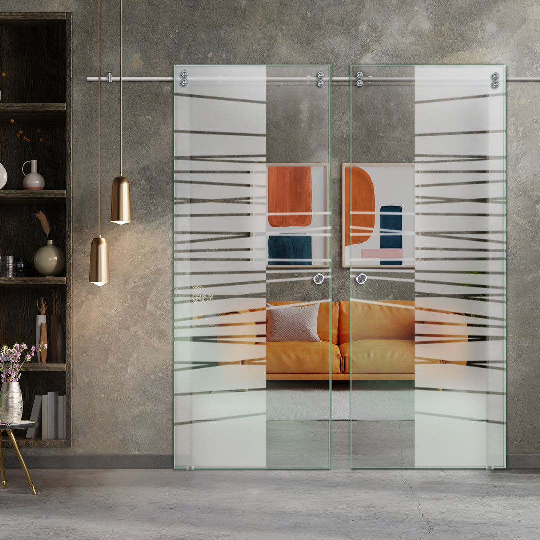 Double Sliding Glass Barn Door With Frosted Designs V2000 Sgf2 - 0837 - DoorDiscounter