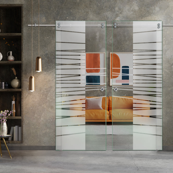 Double Sliding Glass Barn Door With Frosted Designs V2000 Sgf2 - 0837 - DoorDiscounter