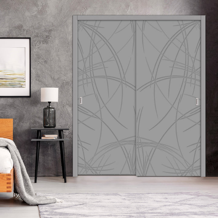 2 Leaf Bypass Sliding Closet Door with Modern Engraved Design & Hardware Kit 2SCD -0050 - DoorDiscounter
