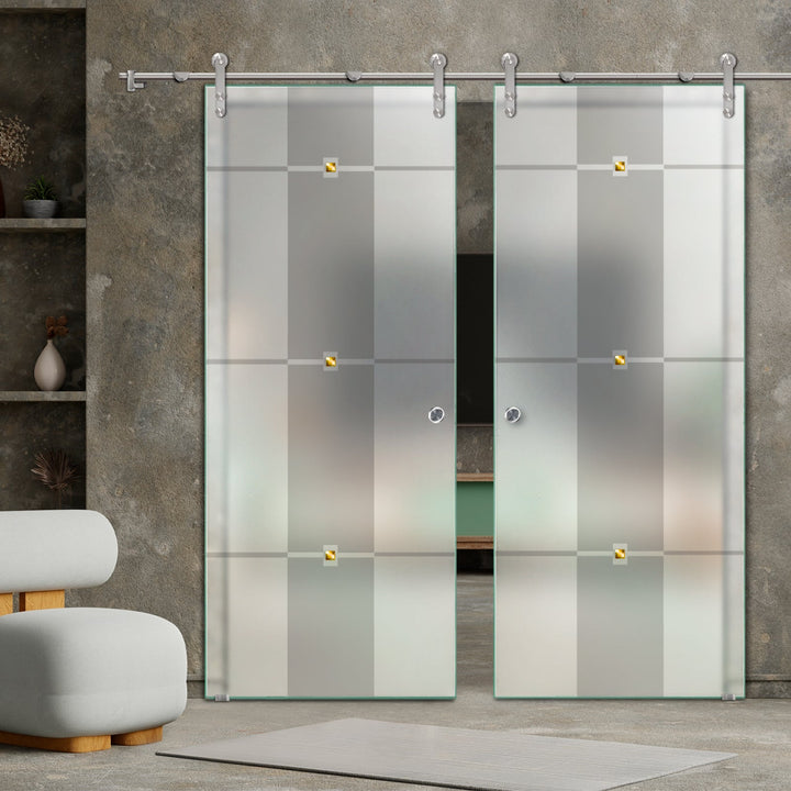 DOUBLE GLASS SLIDING BARN DOOR WITH DESIGN V1000 DSBD - 1724 - DoorDiscounter