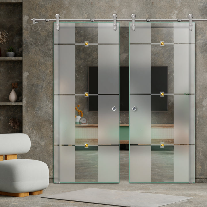 DOUBLE GLASS SLIDING BARN DOOR WITH DESIGN V1000 DSBD - 1724 - DoorDiscounter