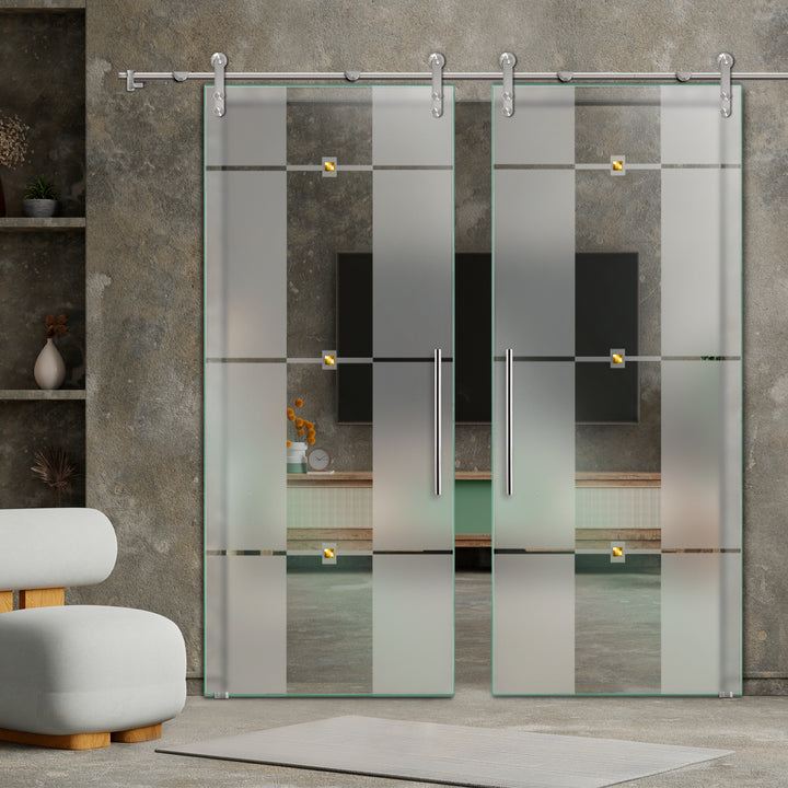 DOUBLE GLASS SLIDING BARN DOOR WITH DESIGN V1000 DSBD - 1724 - DoorDiscounter