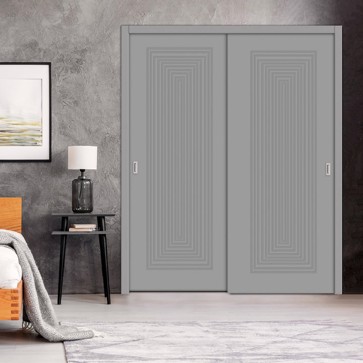 2 Leaf Bypass Sliding Closet Door with Modern Engraved Design & Hardware Kit 2SCD -0056 - DoorDiscounter