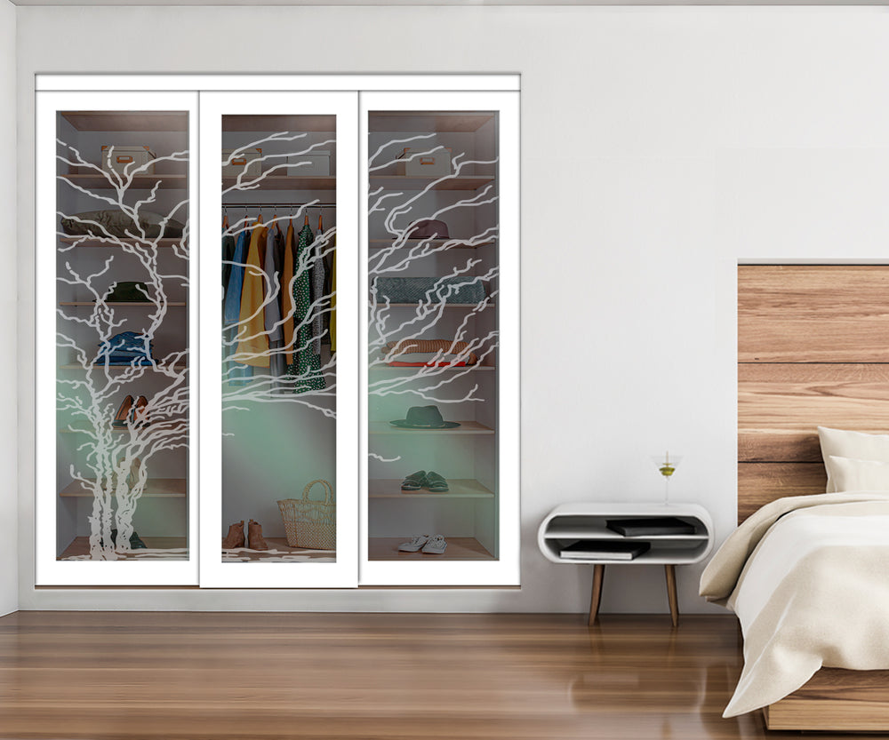 White Bypass Closet Door with Sandblasted Design Tempered Glass Panel Plg3 - 3875 - DoorDiscounter