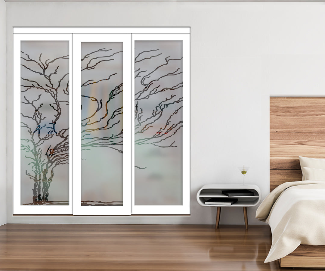 White Bypass Closet Door with Sandblasted Design Tempered Glass Panel Plg3 - 3875 - DoorDiscounter